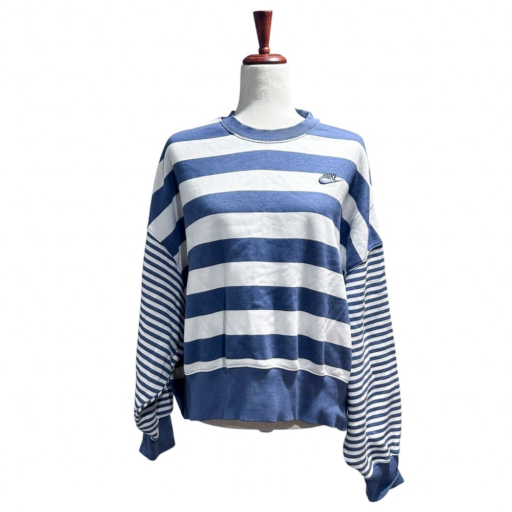 Nike Large Women's Phoenix Fleece Oversized Blue Striped Crew Boxy Preppy - Picture 2 of 14